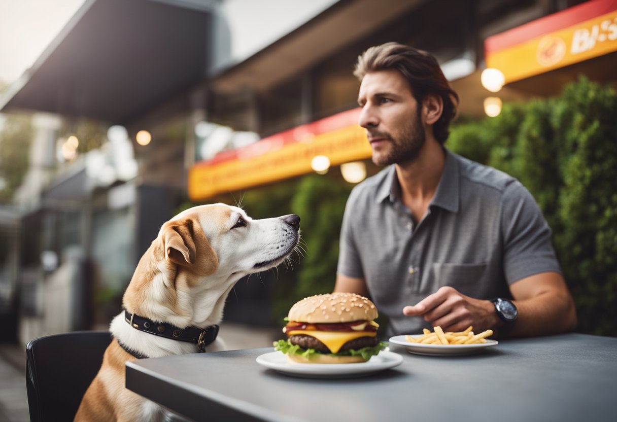 A dog eagerly eyes a Carl's Jr. burger, while a concerned owner looks on, pondering the potential dietary implications for their canine companion.