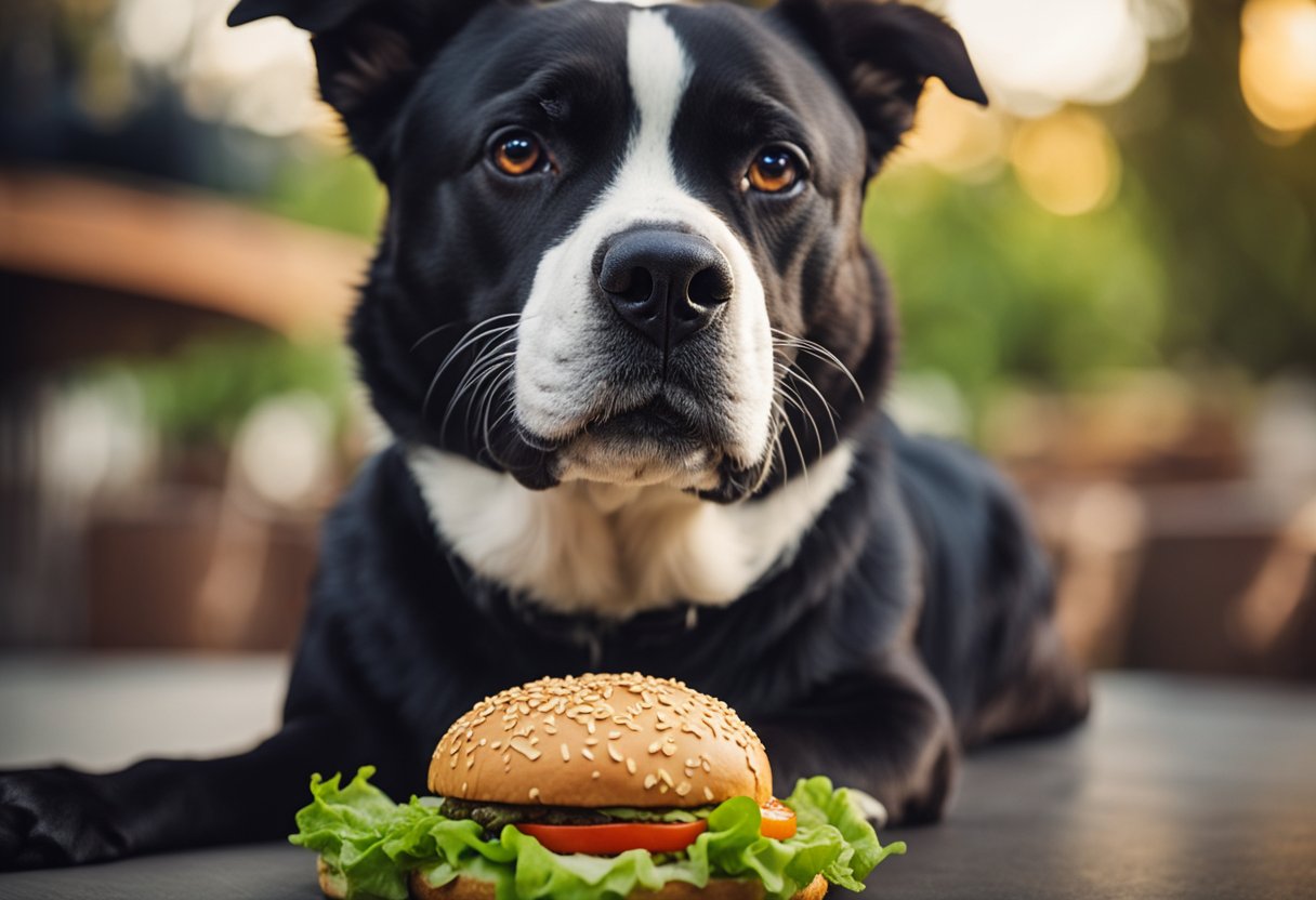 A juicy Carl's Jr. burger sits on a sesame seed bun, topped with lettuce, tomato, and melted cheese. A curious dog sniffs at the delicious aroma.