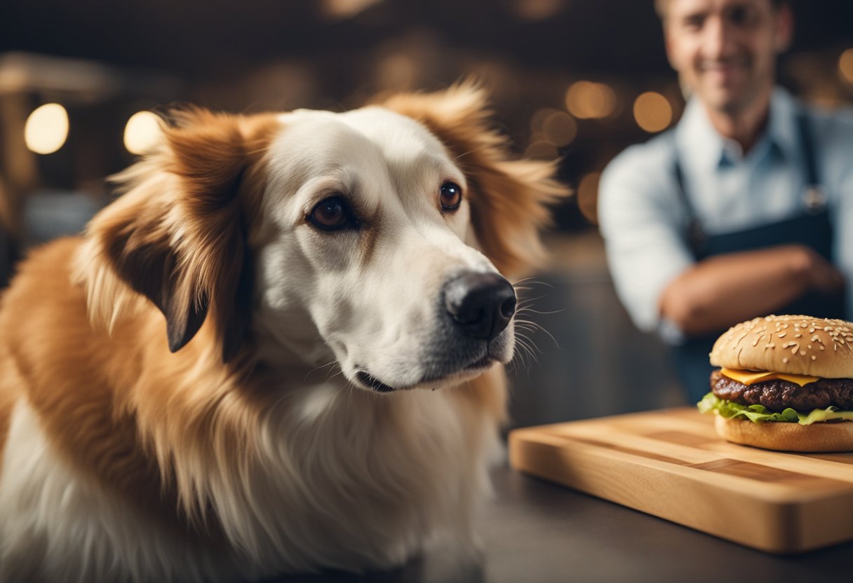 A dog eagerly sniffs a Carl's Jr. burger, while a concerned owner looks on. The dog's tail wags as it eyes the burger, but the owner hesitates, worried about potential health impacts.