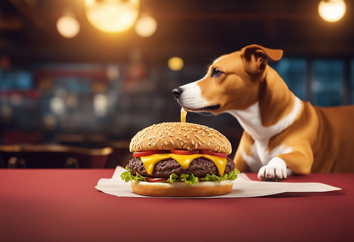 A dog eagerly sniffs a juicy Carl's Jr. burger, its tail wagging in anticipation. The burger sits on a red and yellow wrapper, with a backdrop of the iconic Carl's Jr. logo.