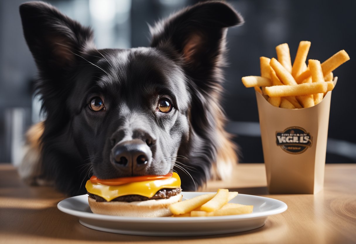 A happy dog eagerly eats a Carl's Jr. burger from a raised bowl, with a wagging tail and a satisfied expression.