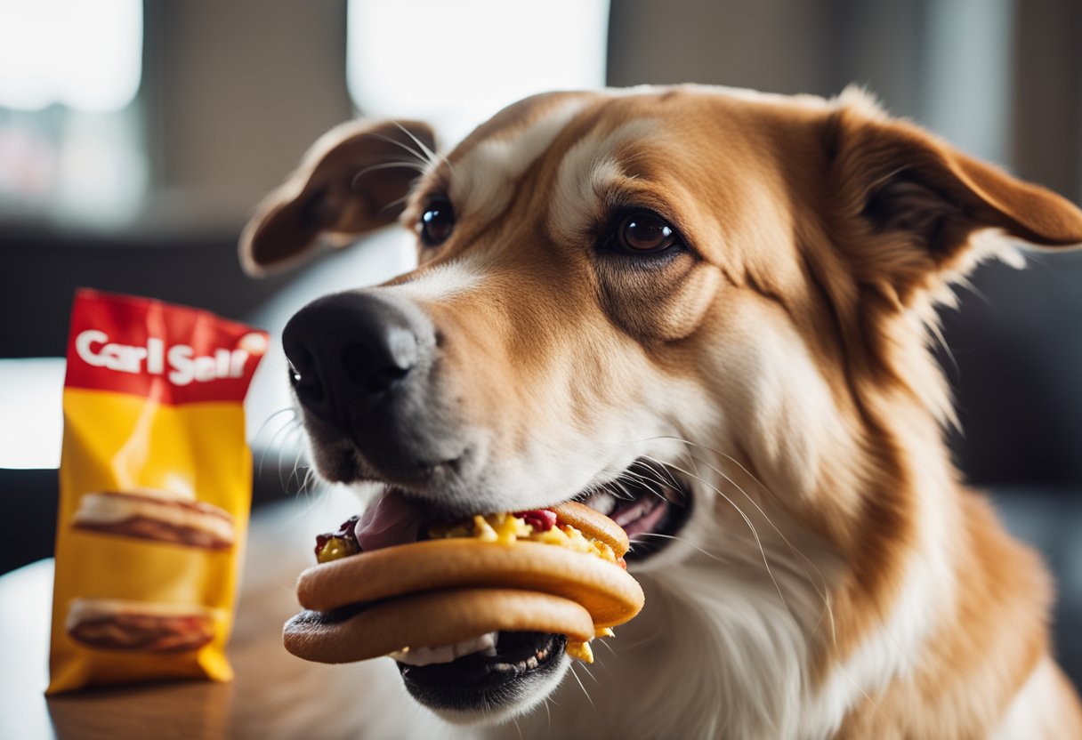 A happy dog eagerly eats a Carl's Jr. burger from a red and yellow branded wrapper.