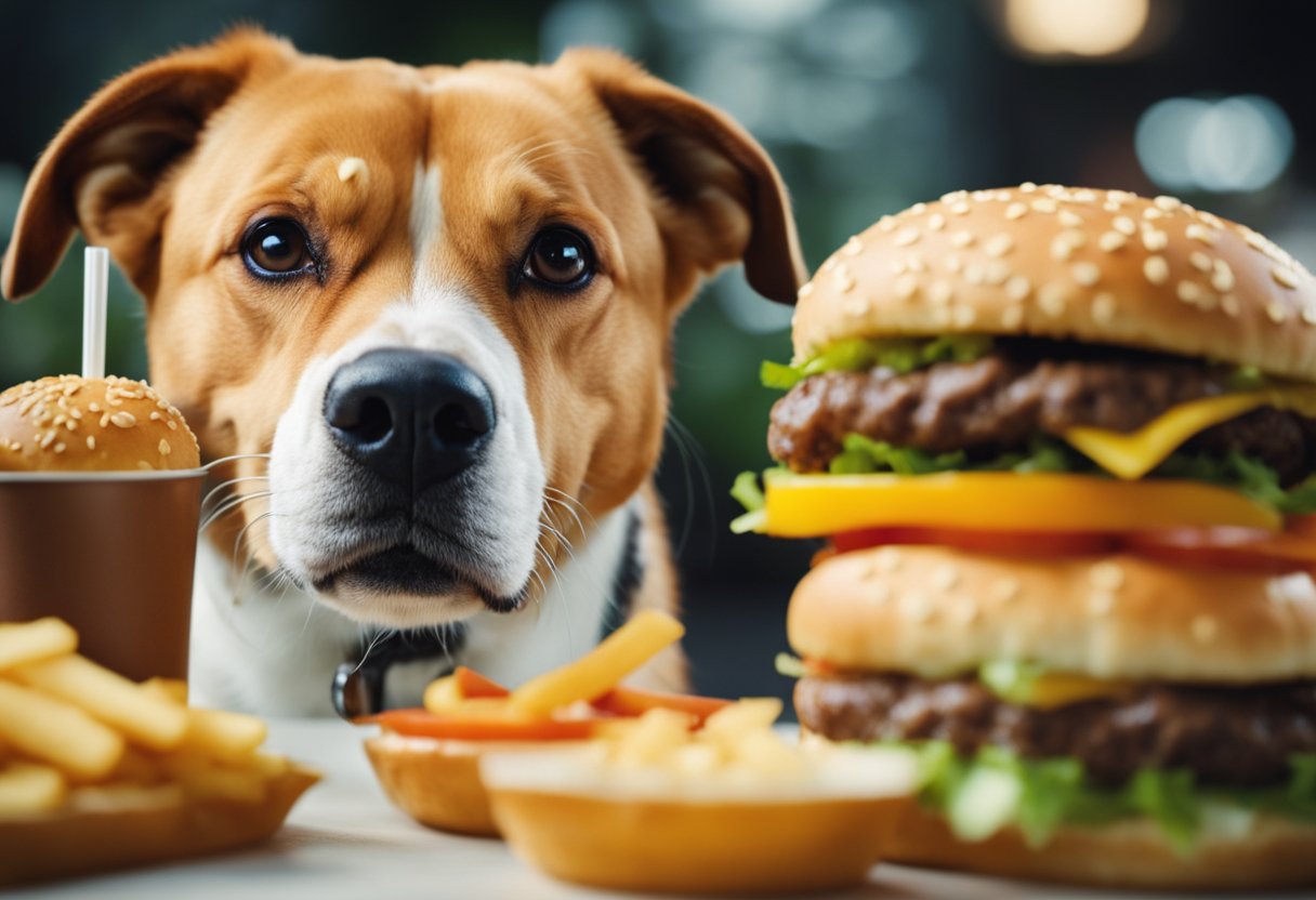 A dog eagerly sniffs a Carl's Jr. burger, its tail wagging as it looks up at the juicy patty and fresh toppings.