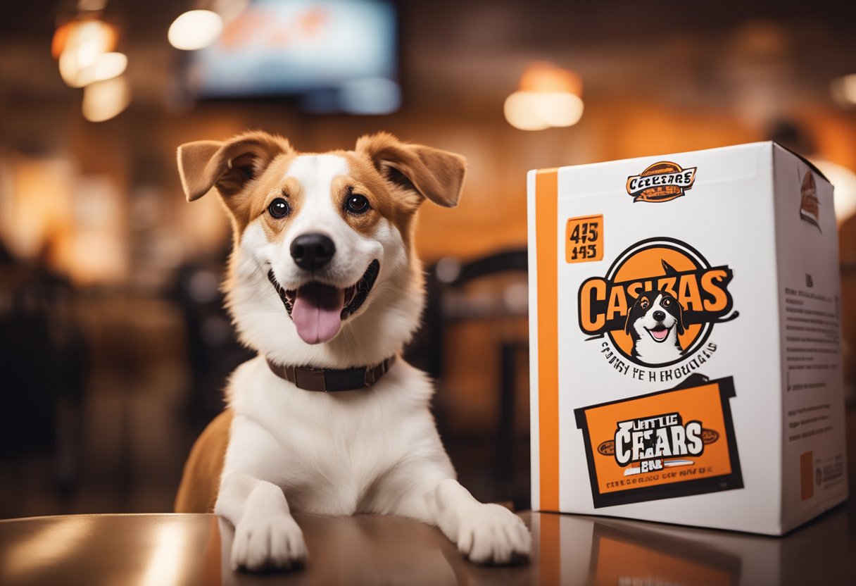 A happy dog sits in front of a Little Caesars pizza box, eagerly waiting to devour the delicious treat