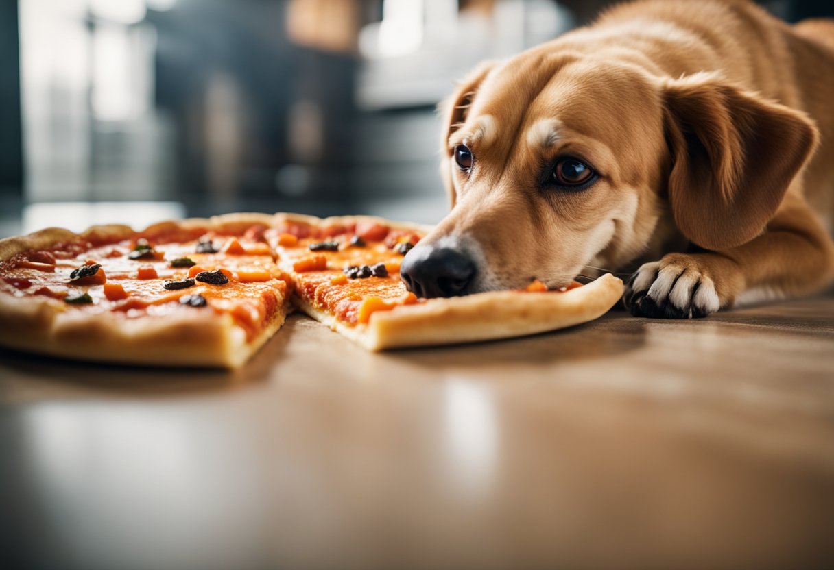 A dog eagerly sniffs a slice of Little Caesars pizza on the kitchen floor. The pizza is topped with pepperoni and melted cheese, with a few crumbs scattered around