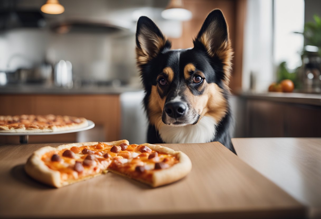 A dog eagerly eyes a slice of Little Caesars pizza, while a concerned owner looks on, questioning the potential health risks for their pet