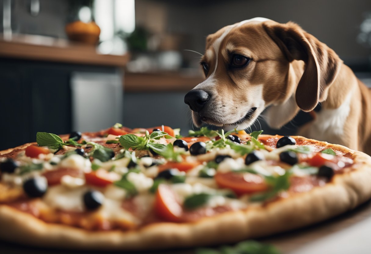 A pile of questionable pizza toppings sits next to a curious dog, who sniffs at the ingredients with a puzzled expression