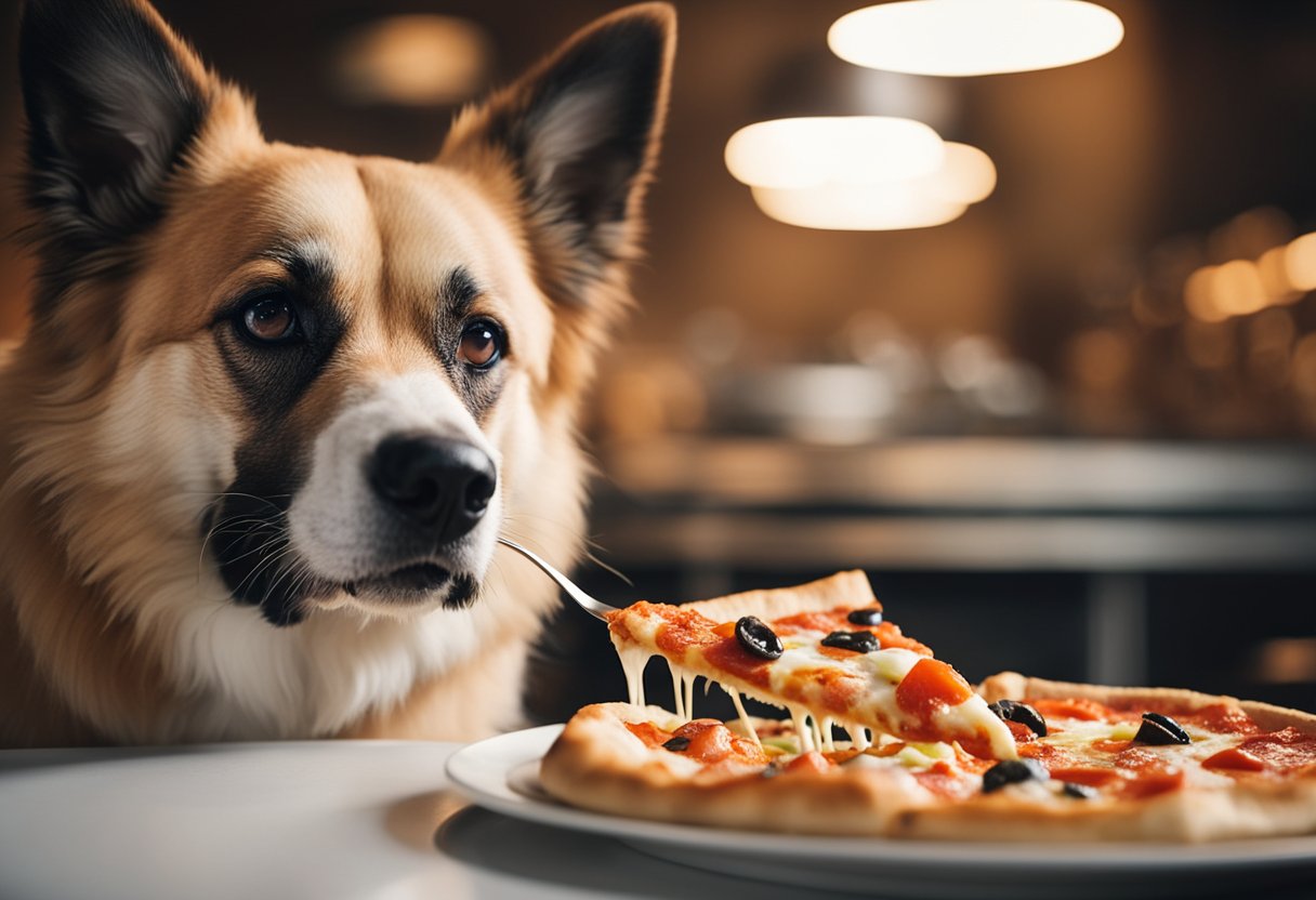 A happy dog sniffs a bowl of dog-friendly pizza alternatives, while a forbidden slice of Little Caesars pizza sits out of reach