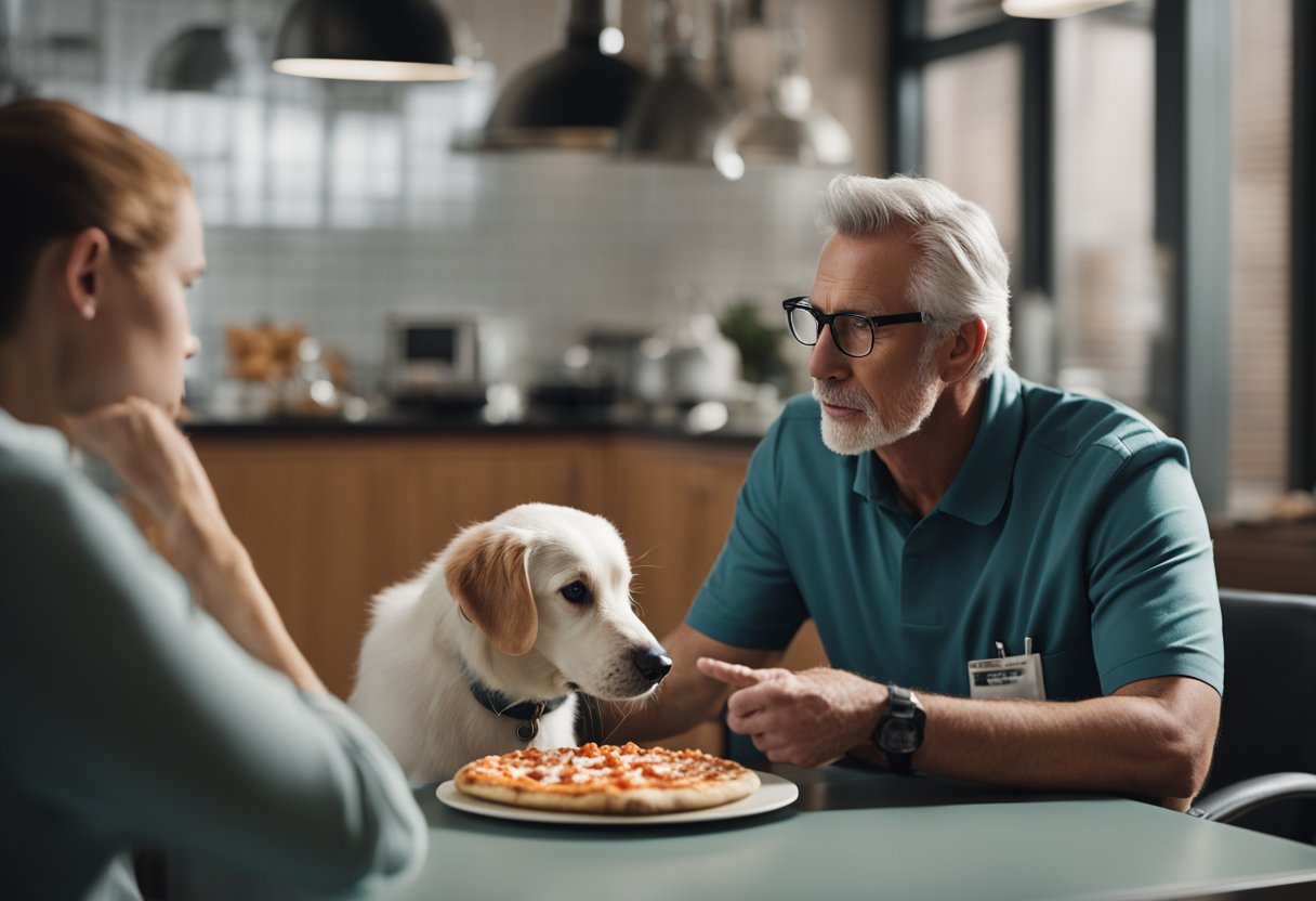 A veterinarian discusses canine diet with a concerned owner, gesturing towards a slice of Little Caesars pizza on a table