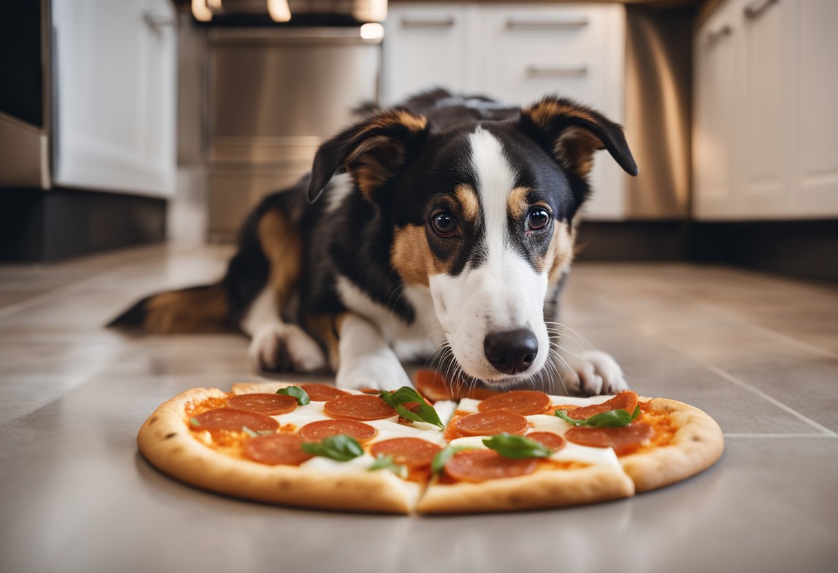 A dog eagerly sniffs a slice of Little Caesars pizza on a kitchen floor. The steam rises from the cheesy, pepperoni-topped slice as the dog's tail wags in excitement