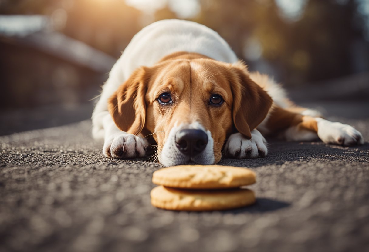 A dog eagerly munches on a Hardee's biscuit, tail wagging.