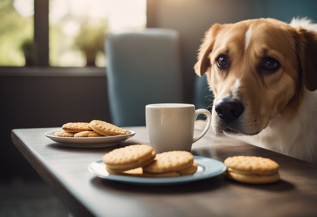 A table with a plate of Hardee's biscuits and a curious dog sniffing the air.