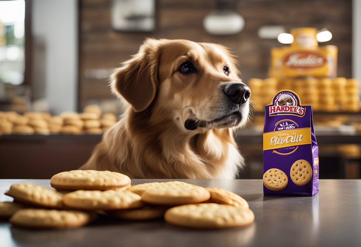 A dog sits eagerly in front of a Hardee's biscuit, with a concerned owner in the background. The dog's tail wags as it waits for permission to eat the biscuit, while the owner looks on, unsure of the nutritional implications.