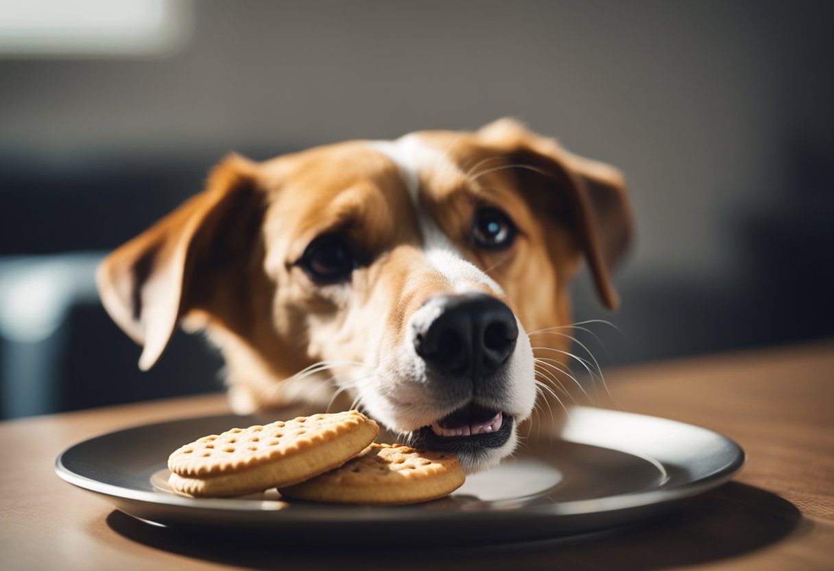 A dog eagerly sniffs a Hardee's biscuit, wagging its tail in anticipation. The biscuit sits on a clean plate, surrounded by a few crumbs.