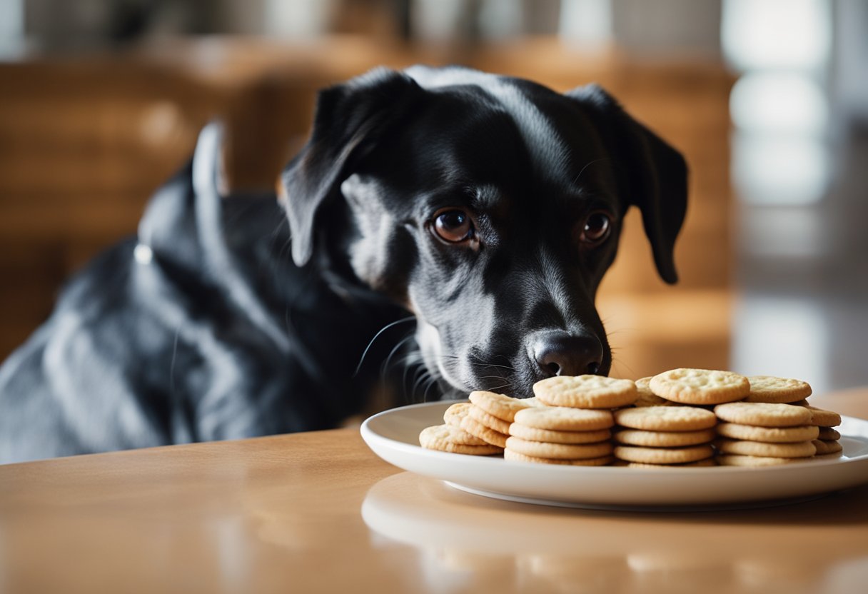 A dog eagerly sniffs a plate of homemade dog-friendly biscuits next to a Hardee's biscuit. The dog's tail wags in anticipation of trying the homemade alternative.