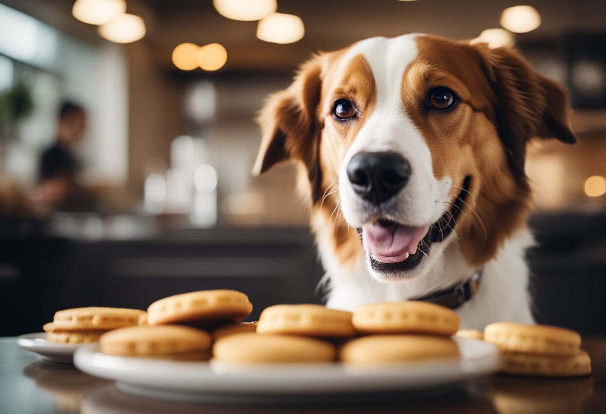 A happy dog sits eagerly in front of a plate of freshly baked Hardee's biscuits, its tail wagging with excitement.