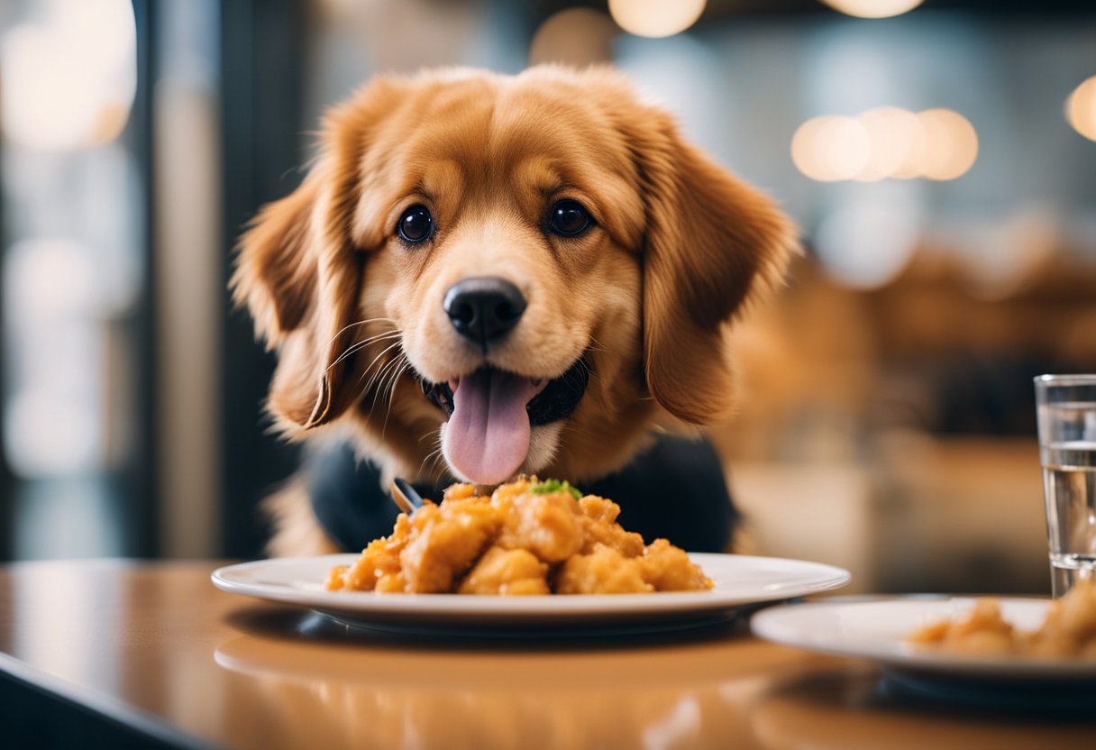 A happy dog eagerly eats a plate of Panda Express orange chicken.