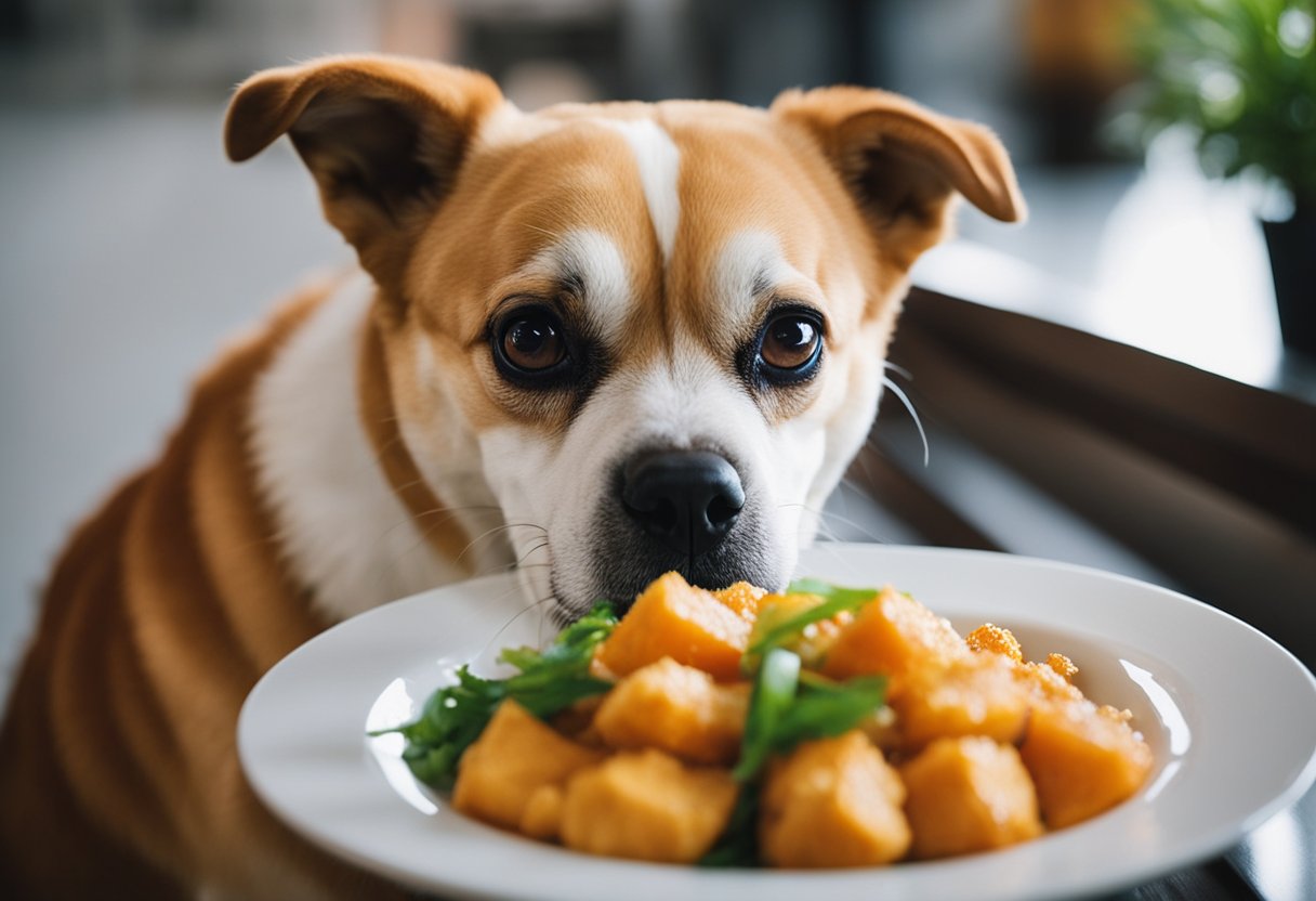 A dog sniffs a plate of Panda Express Orange Chicken, looking curious but unsure about eating it.