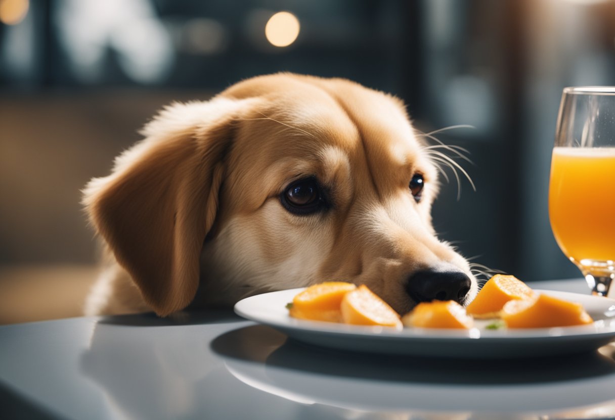 A dog sniffs a plate of orange chicken, while a warning sign with a crossed-out dog symbol is displayed nearby.