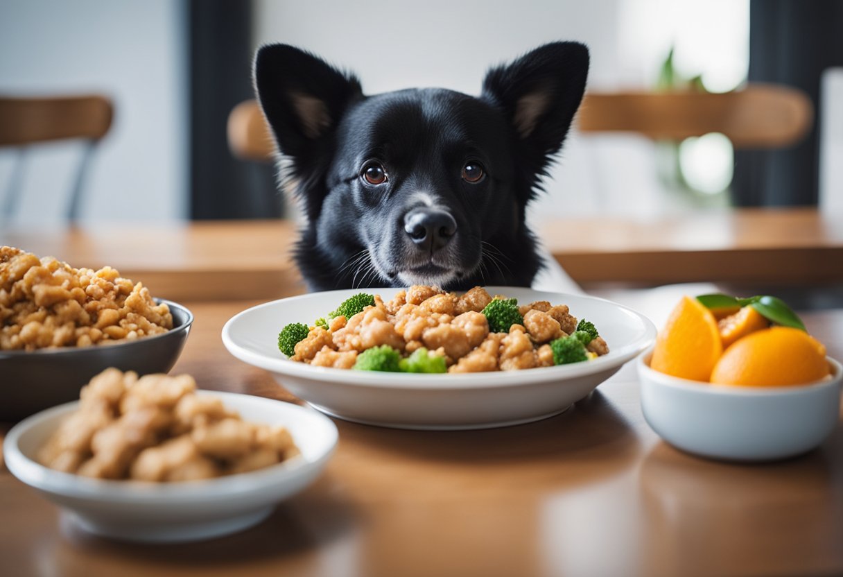 A dog happily eats from a bowl of fresh, healthy dog food while a plate of Panda Express orange chicken sits untouched nearby. 