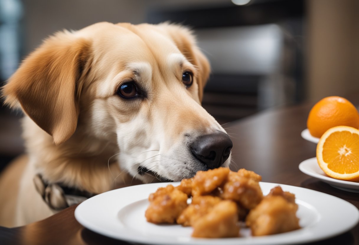 A dog with a curious expression sniffs a plate of Panda Express orange chicken, while a diagram of the canine digestive system hovers in the background. 