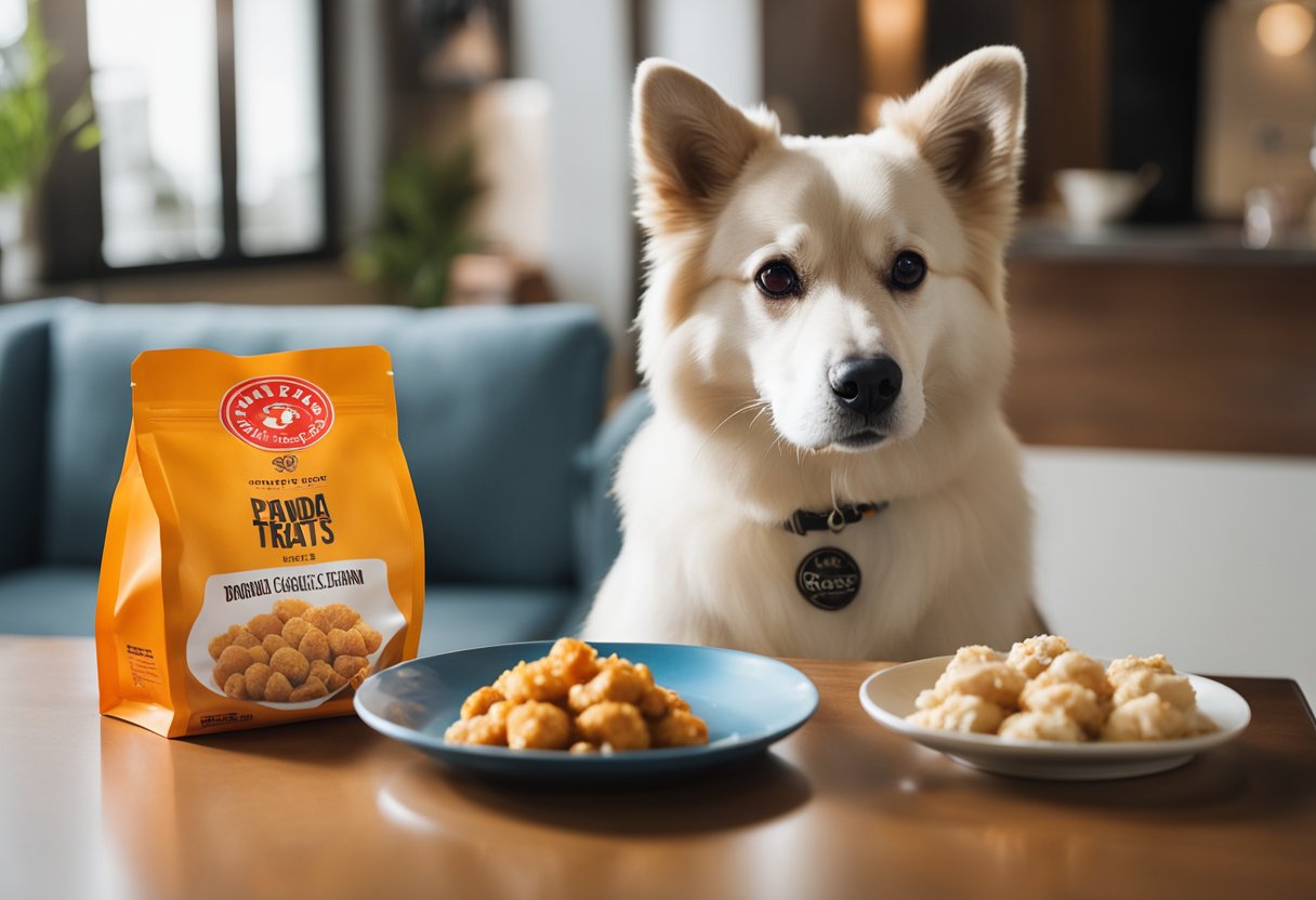 A dog eagerly eyes a plate of Panda Express orange chicken, while a concerned owner looks on, holding a bag of pet-friendly treats.