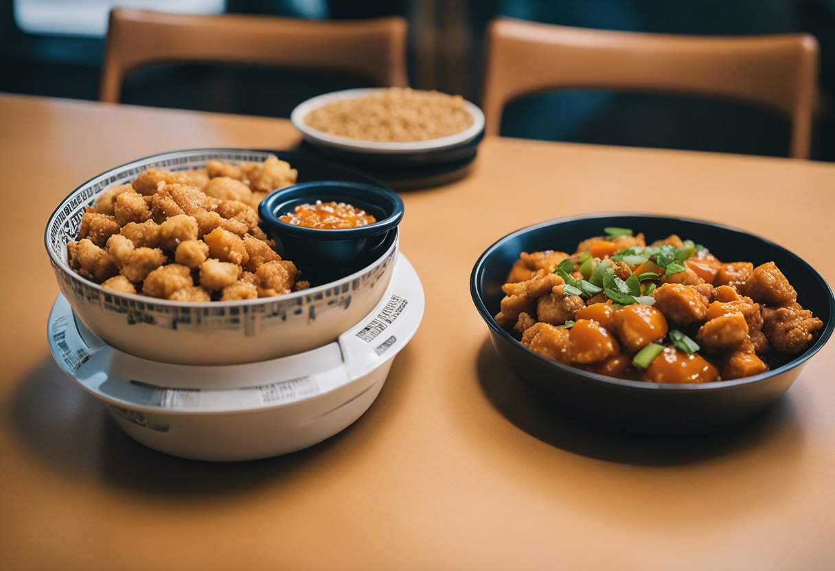 A dog bowl filled with healthy dog food next to a plate of Panda Express Orange Chicken, with a large red X over the chicken. 