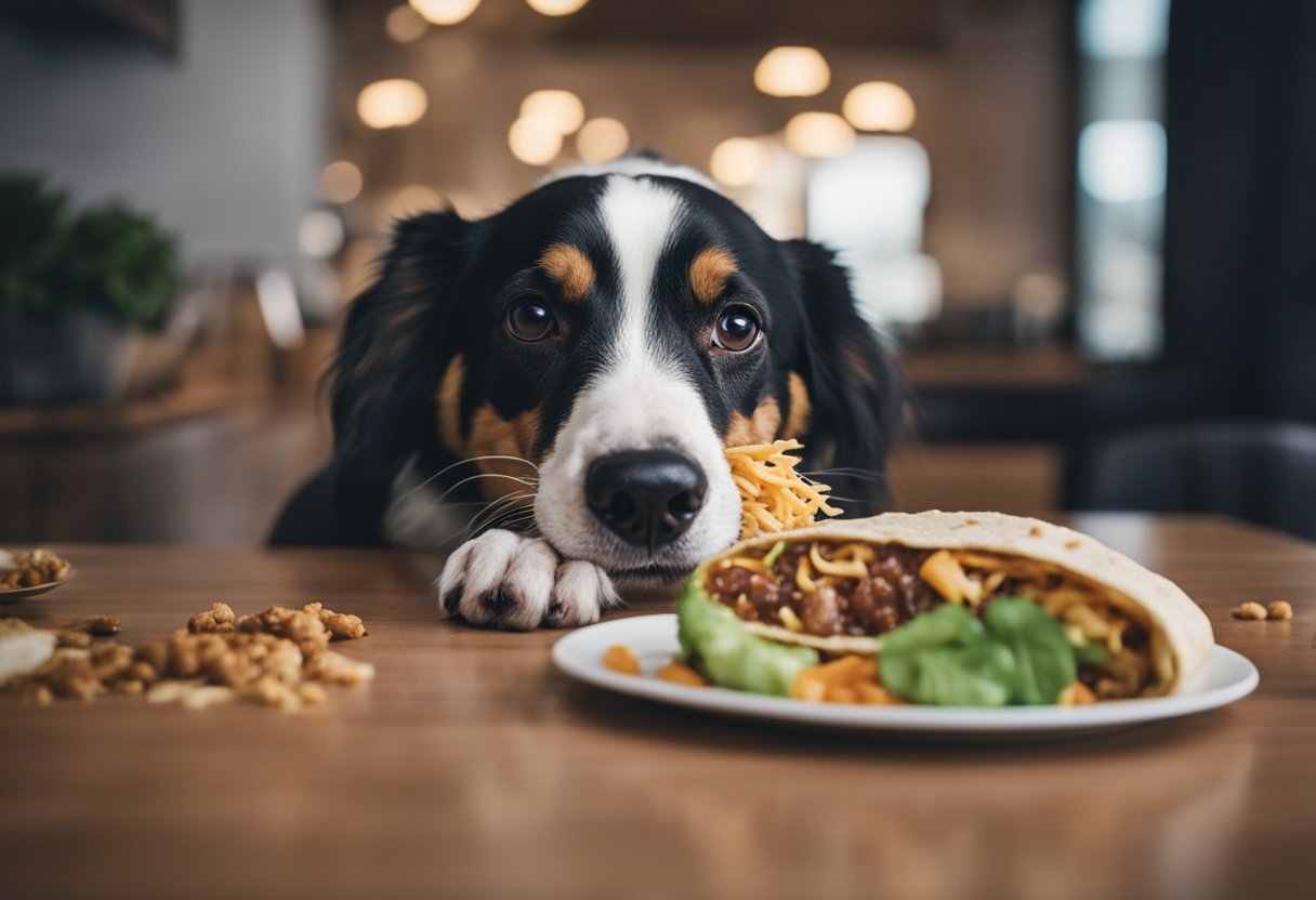 A happy dog eagerly devours a Chipotle burrito, with ingredients spilling out as it chews.