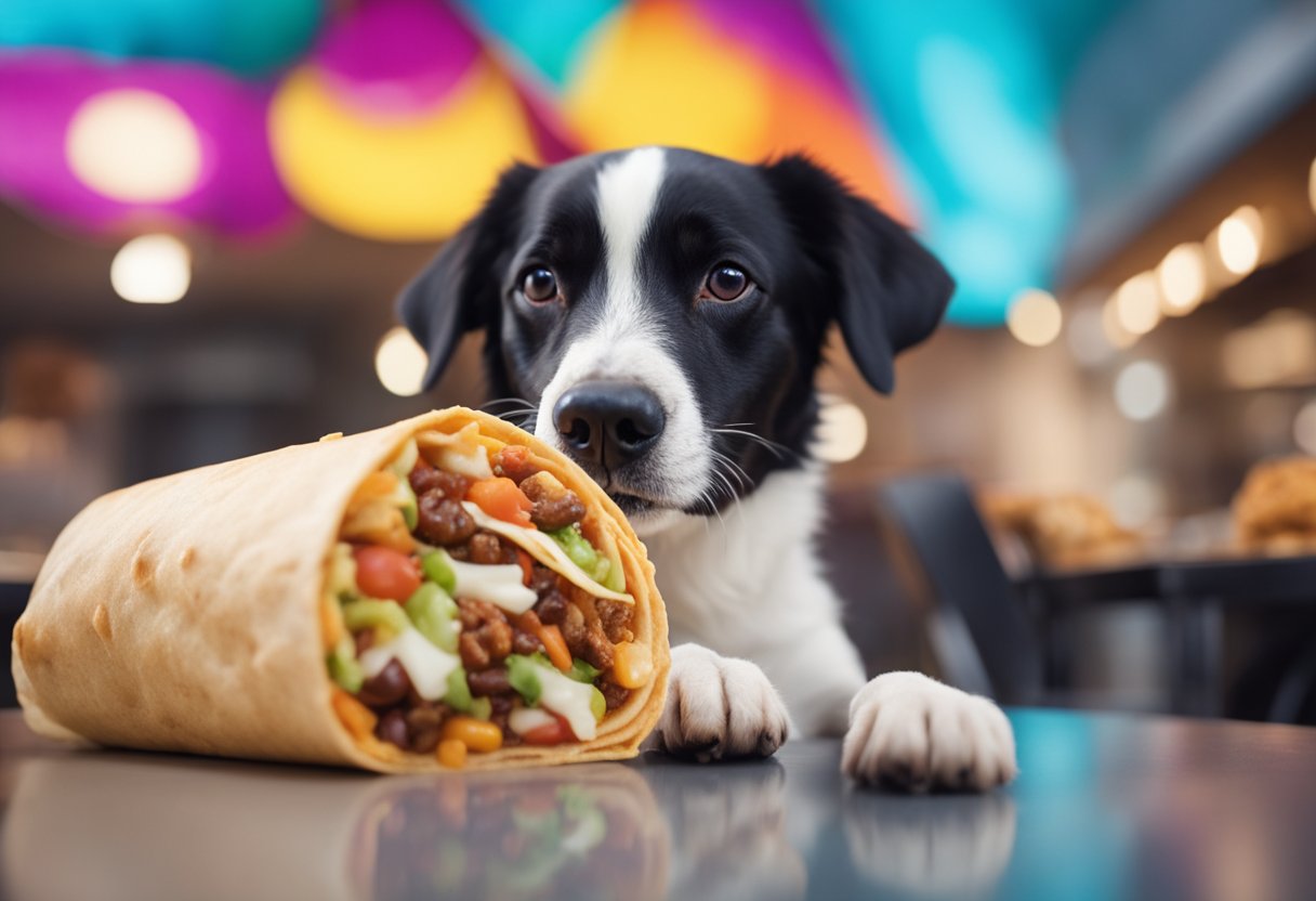 A happy dog sitting in front of a colorful Chipotle burrito, with a thought bubble showing a question mark.