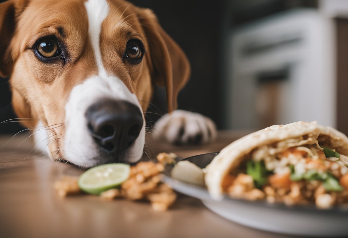 A dog sniffs a Chipotle burrito, ingredients scattered around. Canine eyes focus on the food, curiosity evident.