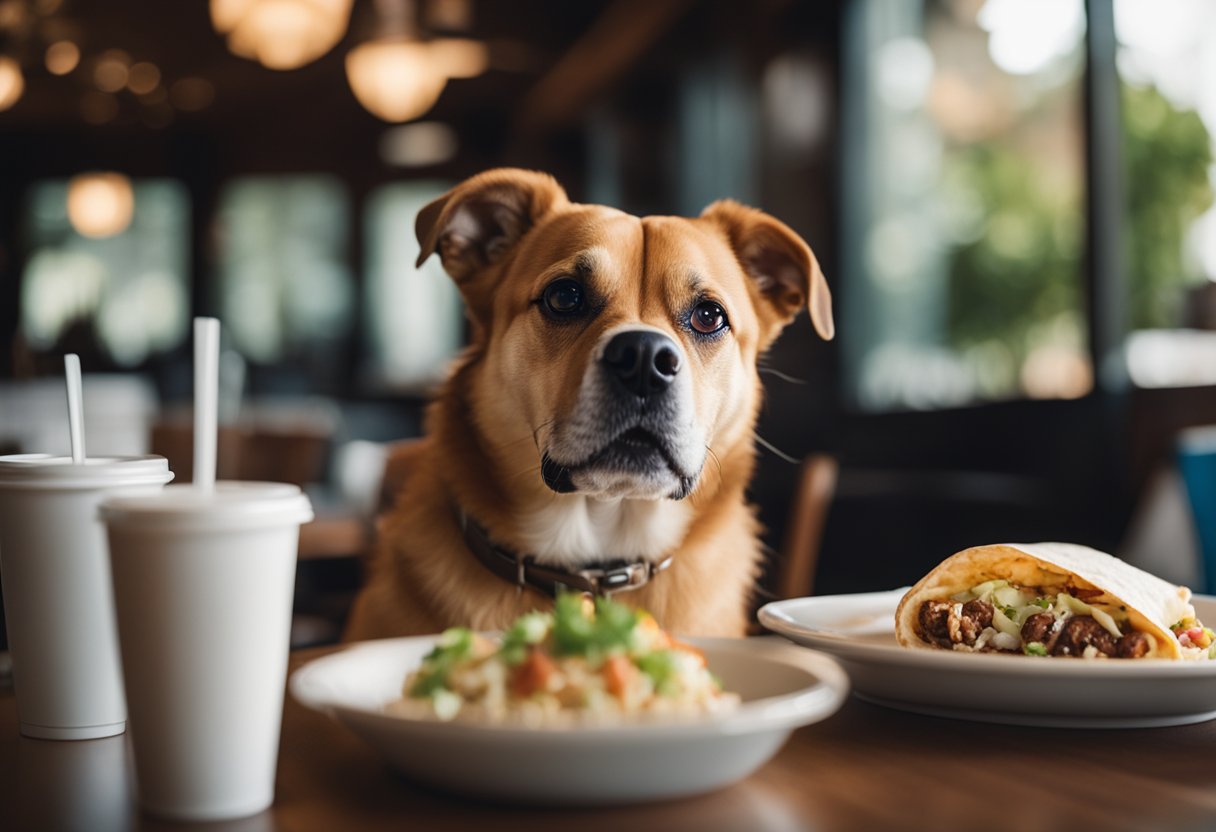 A dog eagerly eyes a Chipotle burrito on a table, with a concerned owner in the background.