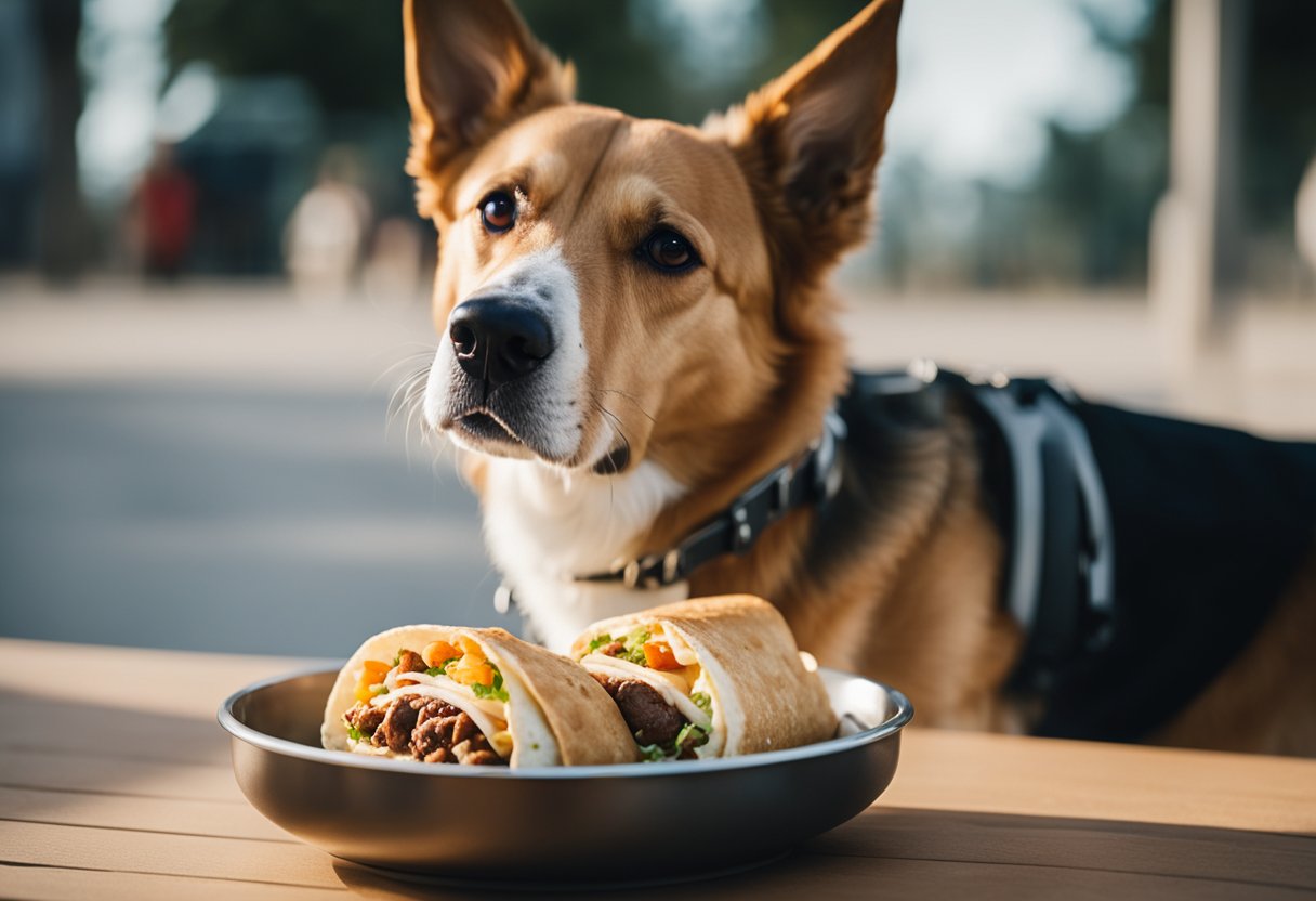 A dog eagerly sniffs a Chipotle burrito on a clean, elevated surface. A bowl of fresh water is nearby. The owner watches attentively, ready to intervene if needed.