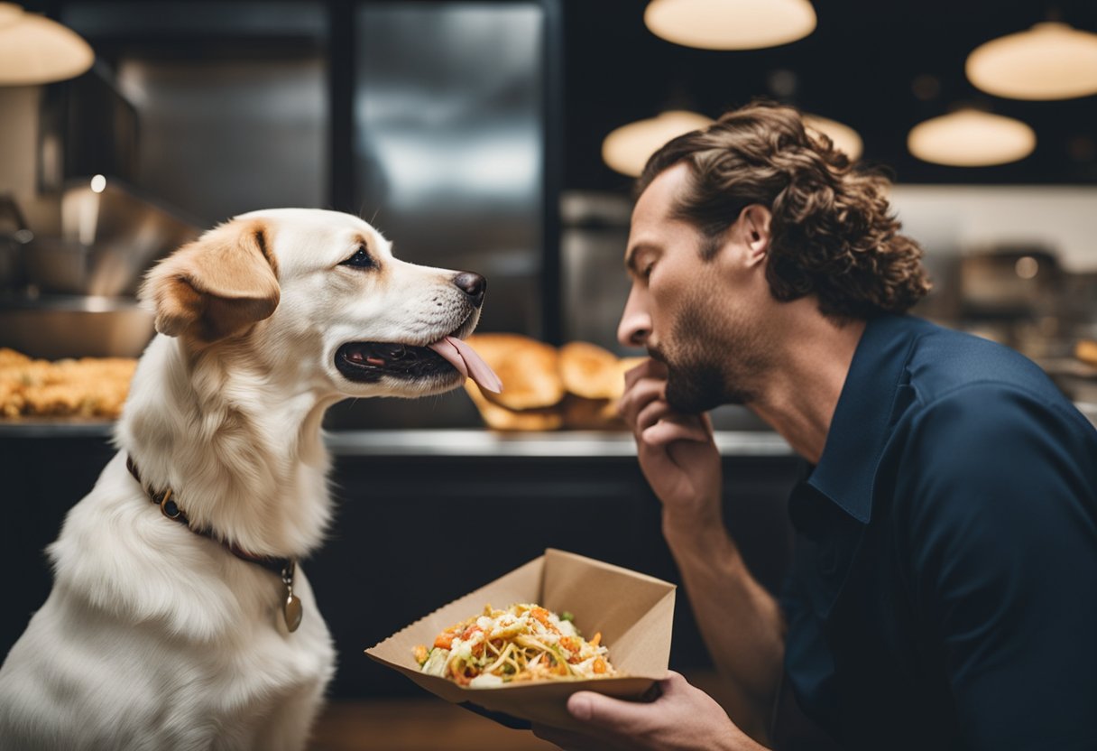 A dog eagerly sniffs a Chipotle burrito, while a concerned owner looks on. Text reading "Can Dogs Eat Chipotle Burritos?" hovers above the scene.