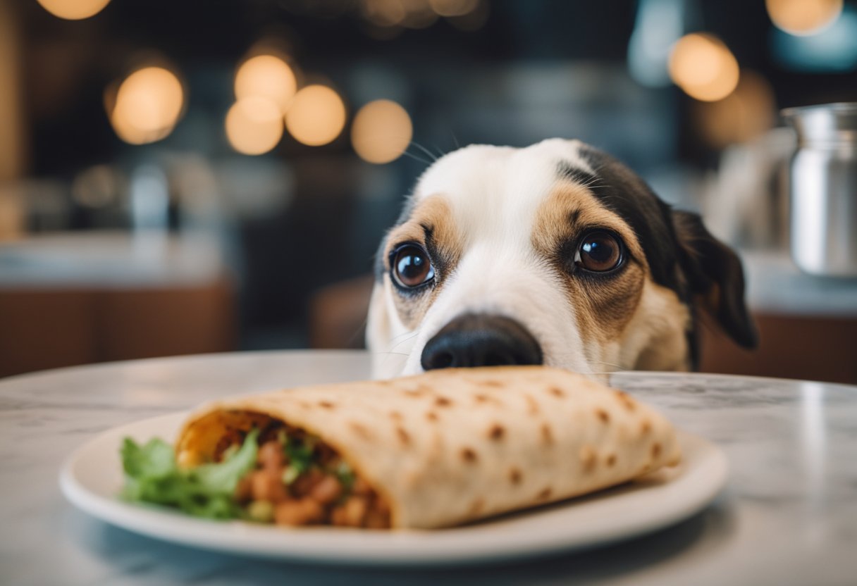 A happy dog eagerly sniffs a chipotle burrito on a plate, with a questioning look in its eyes