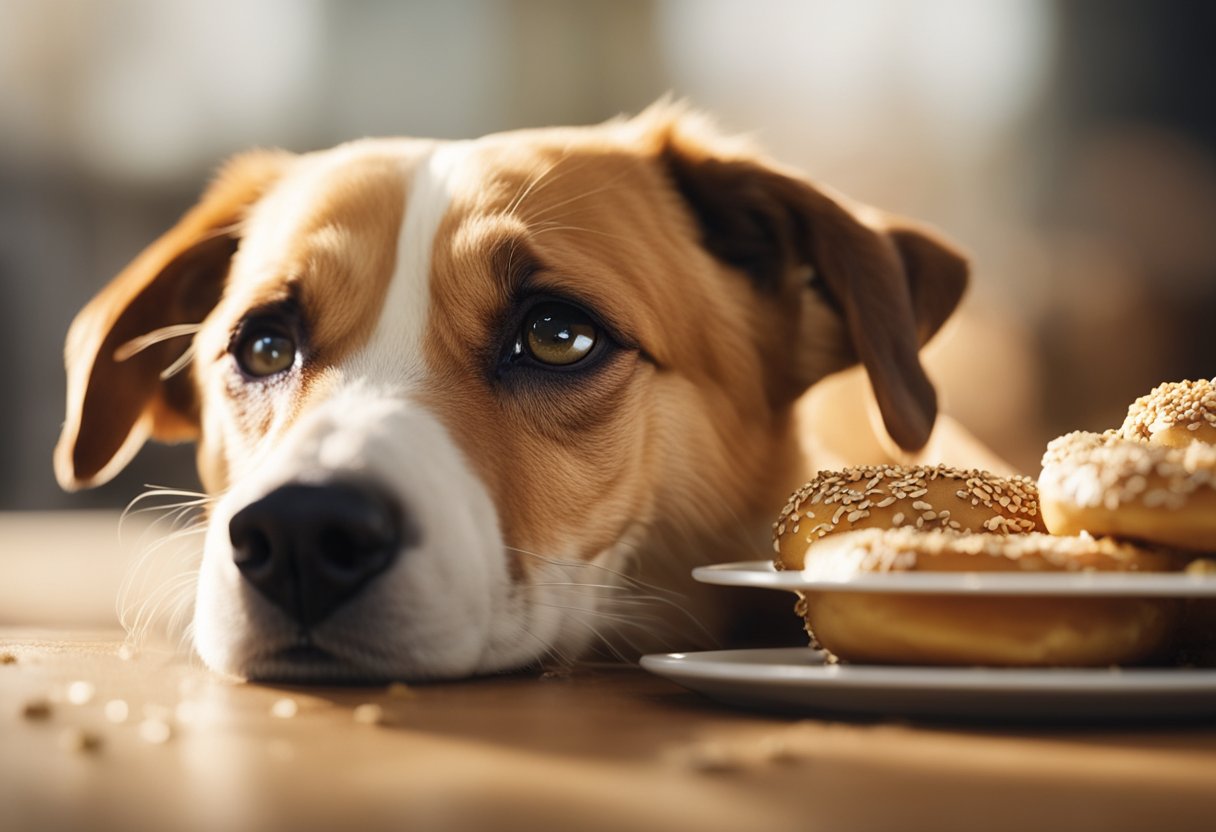 A dog eagerly sniffs a Panera Bread bagel, its tail wagging in anticipation. The bagel sits on a plate, surrounded by crumbs and a few scattered sesame seeds.