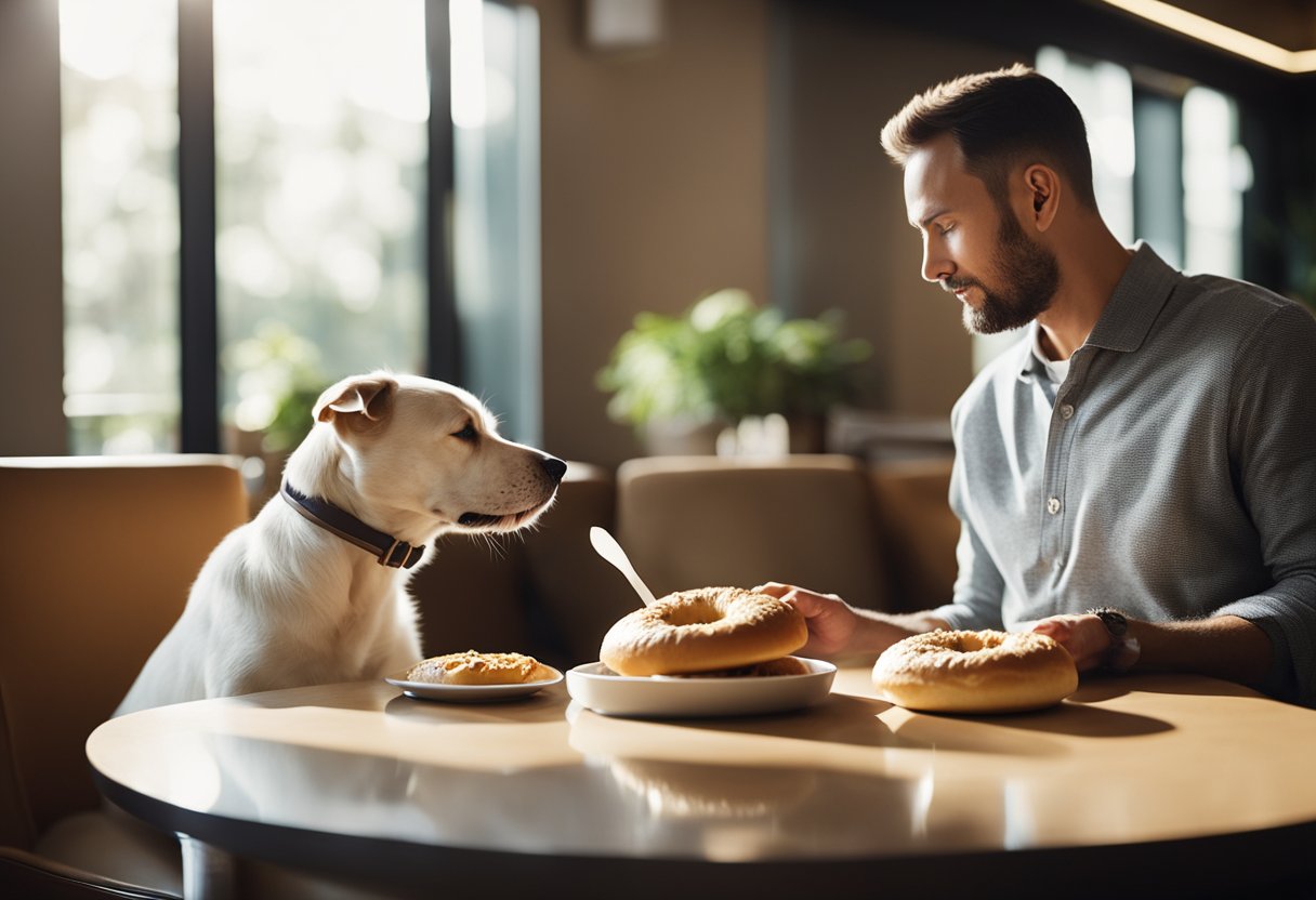 A dog eagerly sniffs a Panera Bread bagel, while a concerned owner looks on, holding a list of nutritional considerations for dogs.