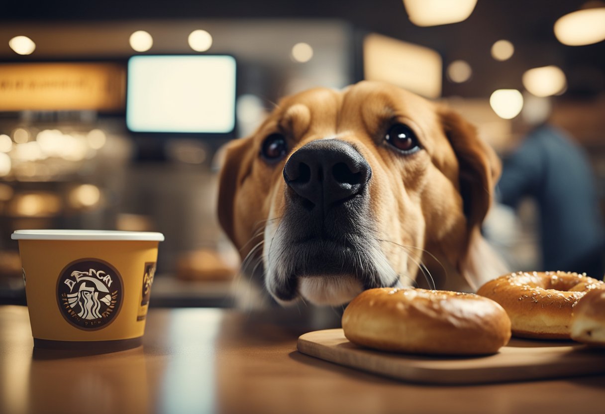 A dog eagerly sniffs a Panera Bread bagel, while a concerned owner looks on. The bagel is surrounded by caution signs and warning labels.