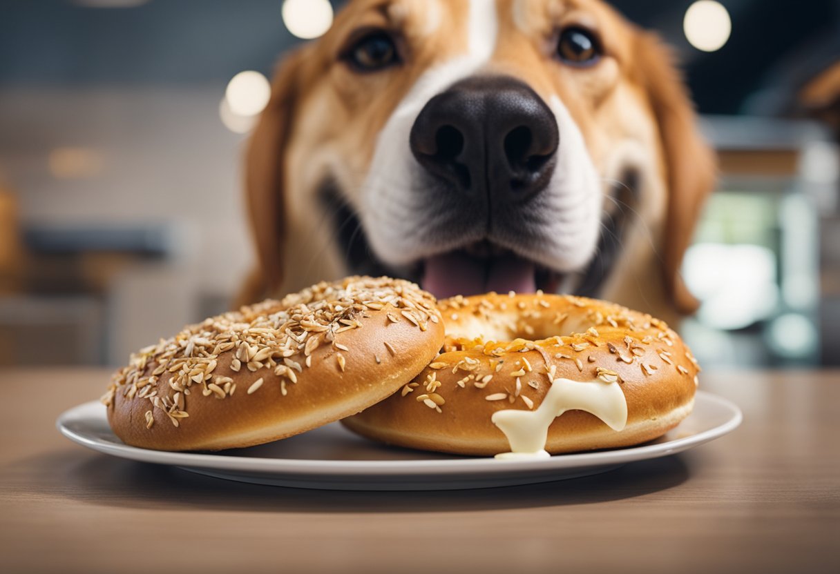 A dog eagerly chews on a Panera Bread bagel, with a caution sign and question mark hovering above.