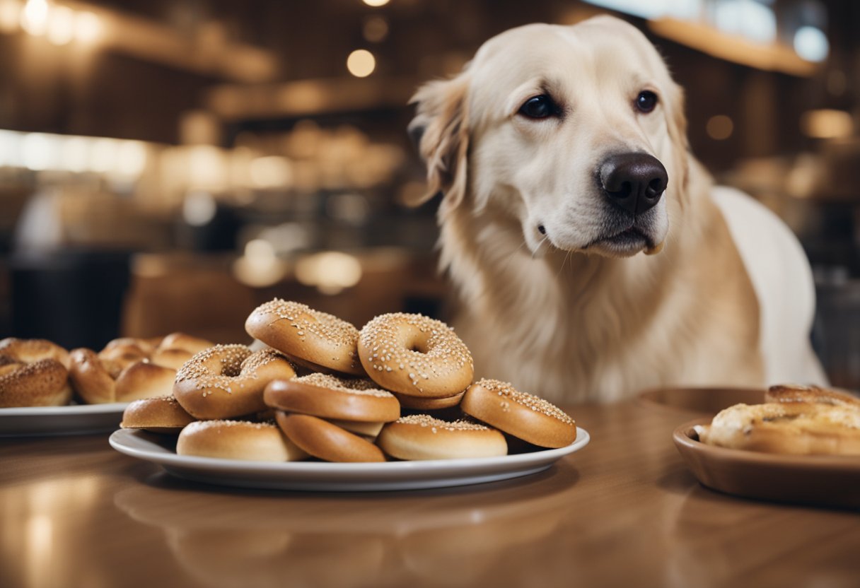 A dog eagerly sniffs a variety of bagels spread out on a table, with a Panera Bread bagel in the center.