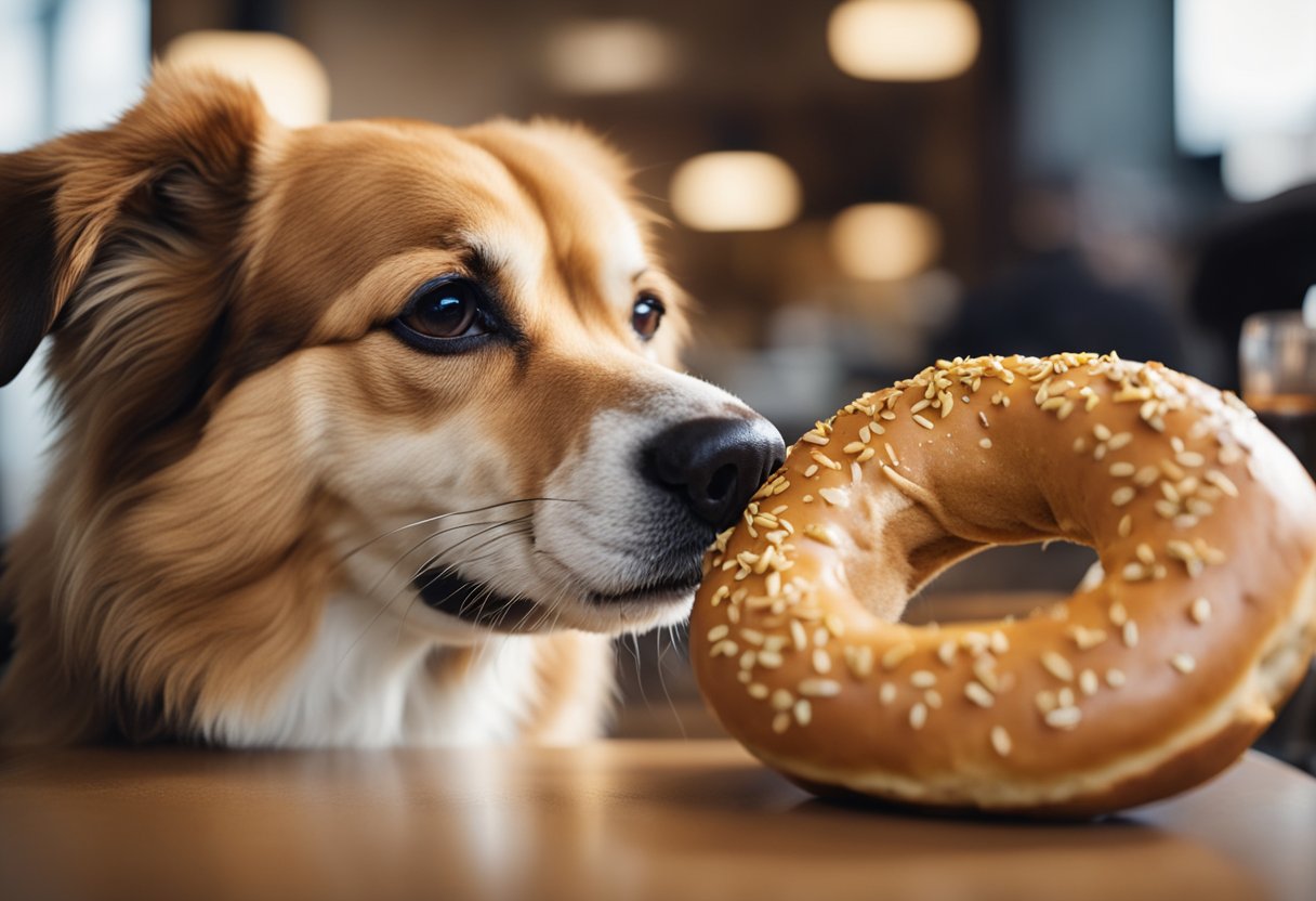 A happy dog eagerly sniffs a Panera Bread bagel, while a concerned owner looks on. The bagel is surrounded by other dog-friendly foods.