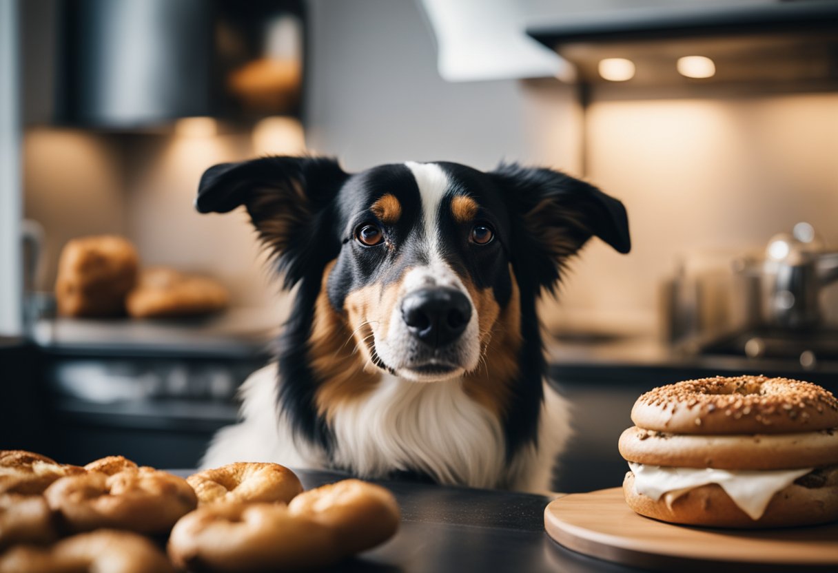 A happy dog sits in a cozy kitchen, eagerly eyeing a Panera Bread bagel on the table.