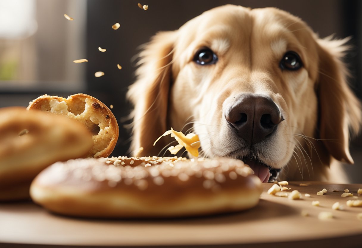 A golden retriever eagerly snatches a Panera Bread bagel from a table, crumbs flying as it chews happily.