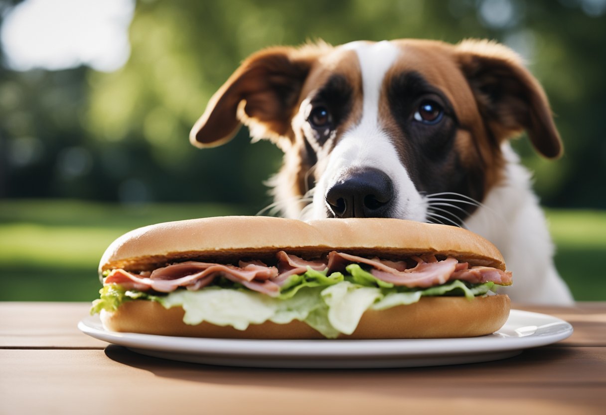 A dog eagerly snatches a Jimmy John's sandwich off a table, mouth watering as it prepares to take a big bite.