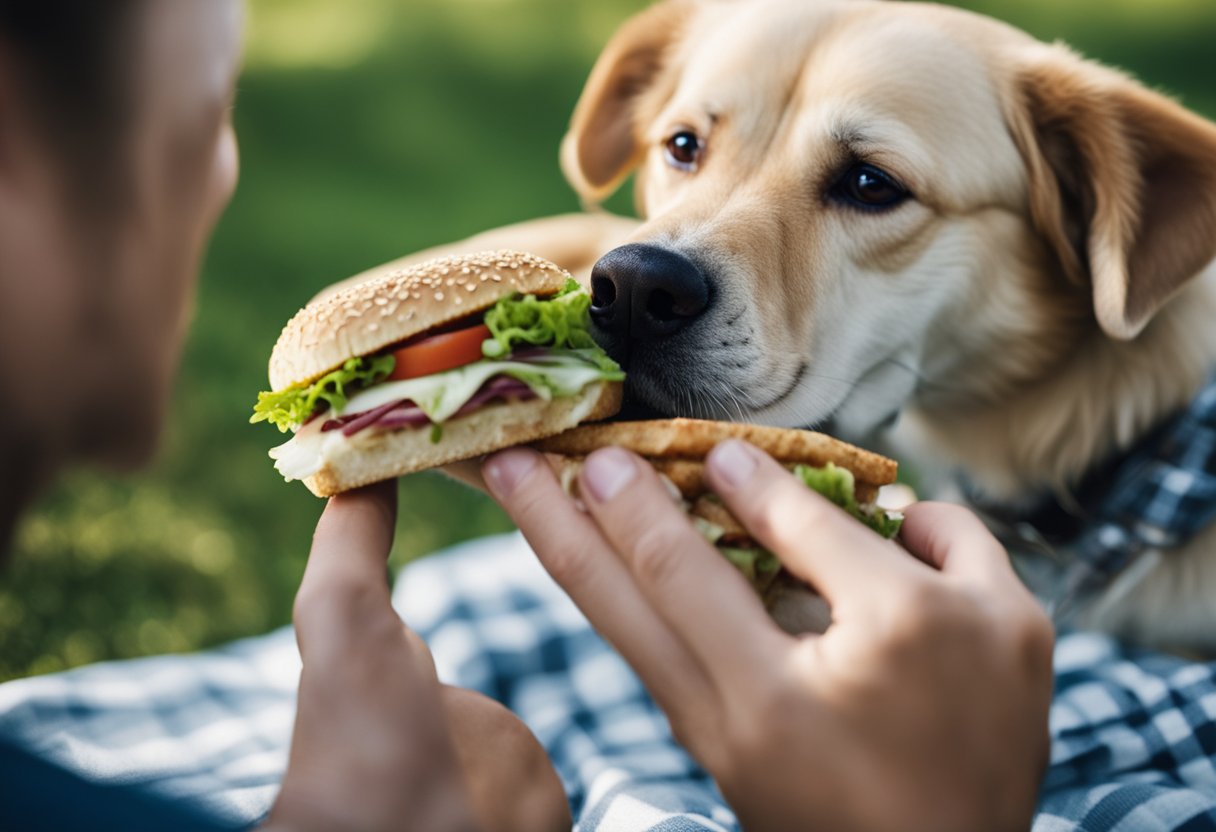 A dog eagerly sniffs a Jimmy John's sandwich on a picnic blanket, while a hand reaches out to offer it to the pup.