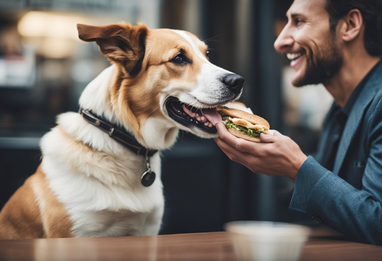 A happy dog eagerly eats a Jimmy John's sandwich, while a concerned owner looks on, questioning if it's safe for their pet.