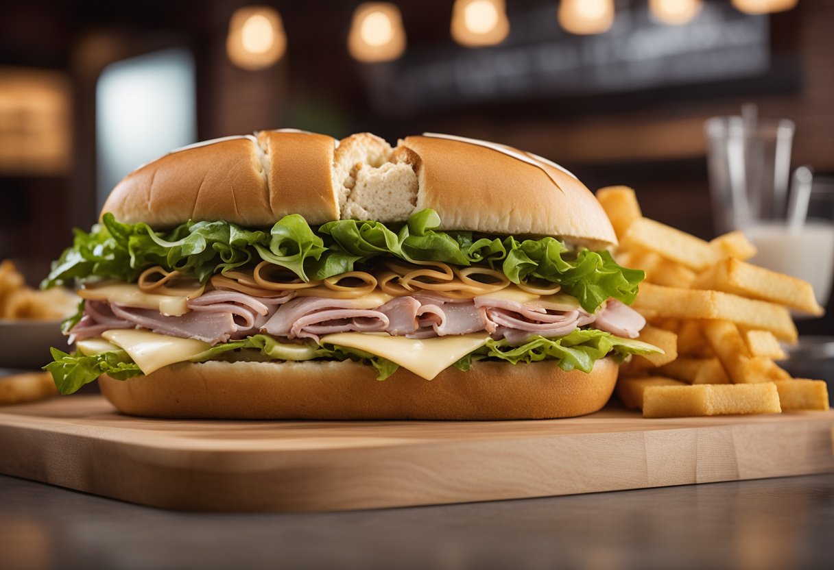 A colorful Jimmy John's menu with a variety of sandwich options, accompanied by a curious dog sniffing at the sandwiches.