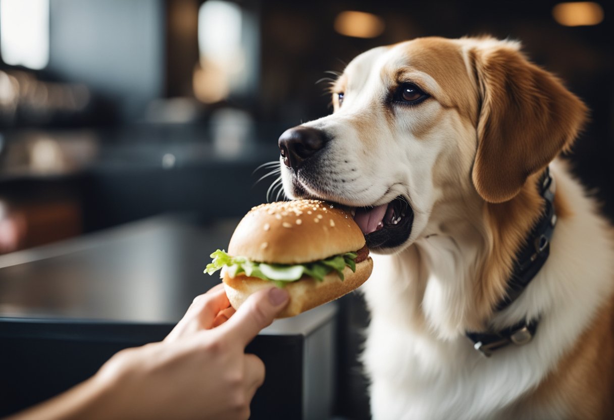 A dog eagerly sniffs a Jimmy John's sandwich, but a concerned owner gently pulls it away, emphasizing health considerations for dogs.