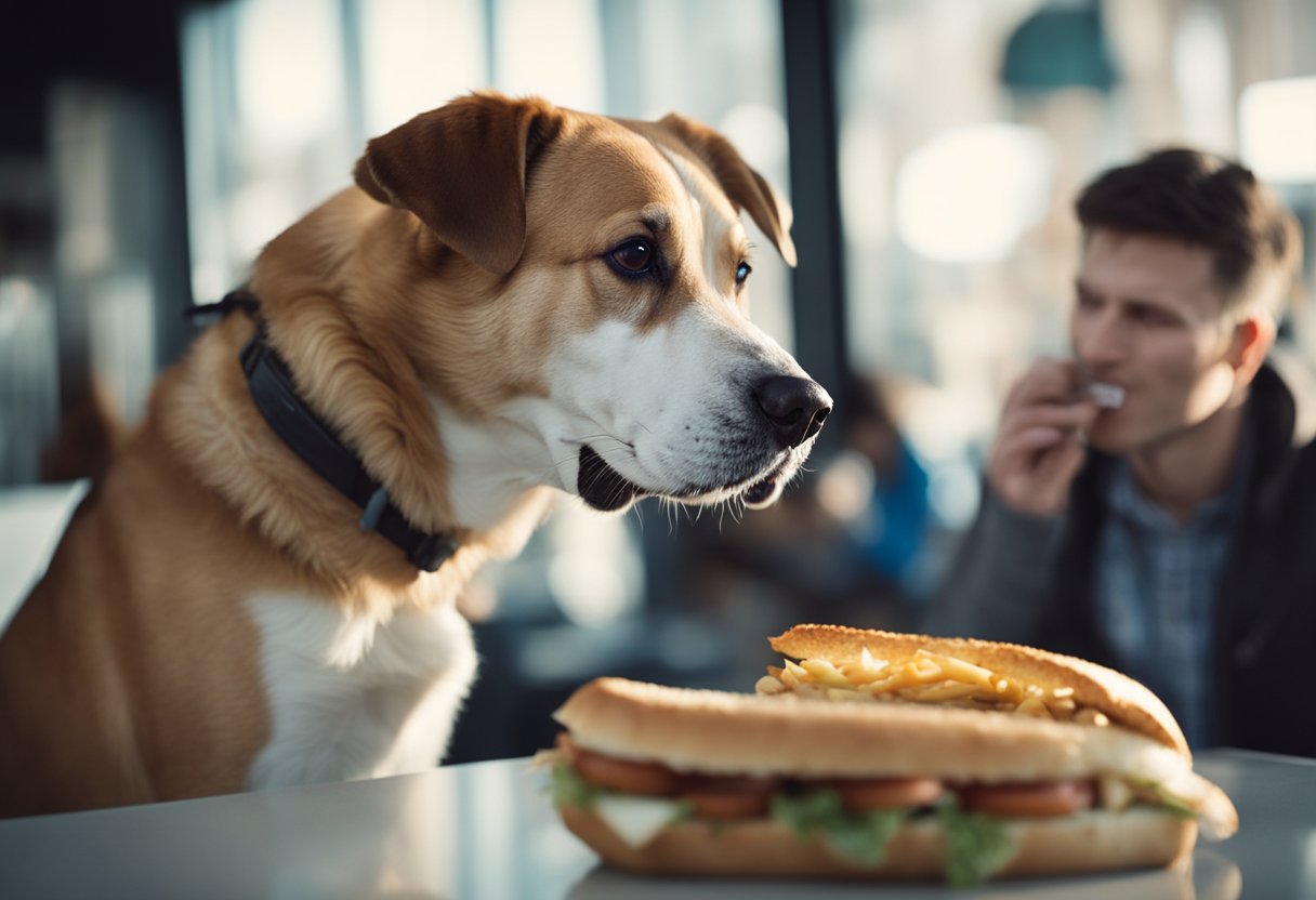 A dog eagerly eats a Jimmy John's sandwich, while a concerned owner looks on. The dog's tail wags as it chews, but the owner hesitates, unsure if it's safe for their pet.