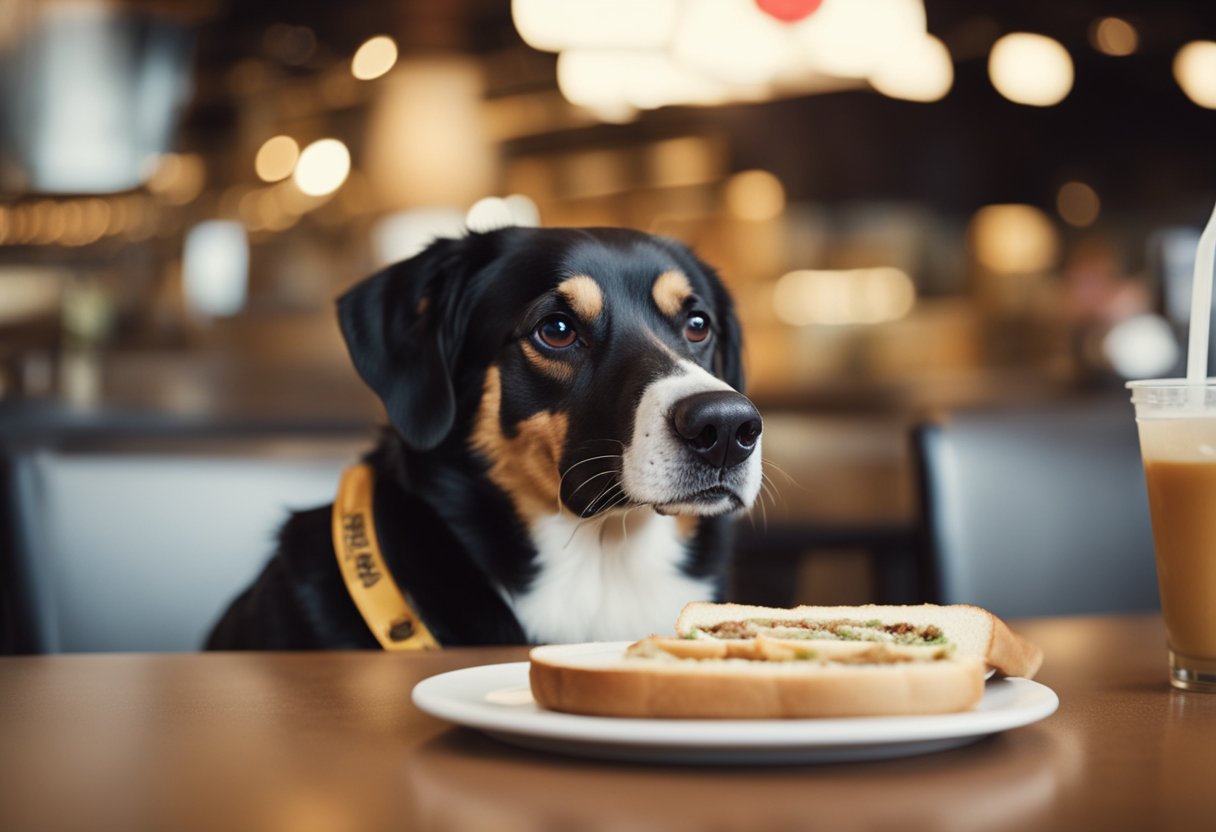 A dog eagerly sniffs a Jimmy John's sandwich, while a stack of FAQs about dogs and food sits nearby.