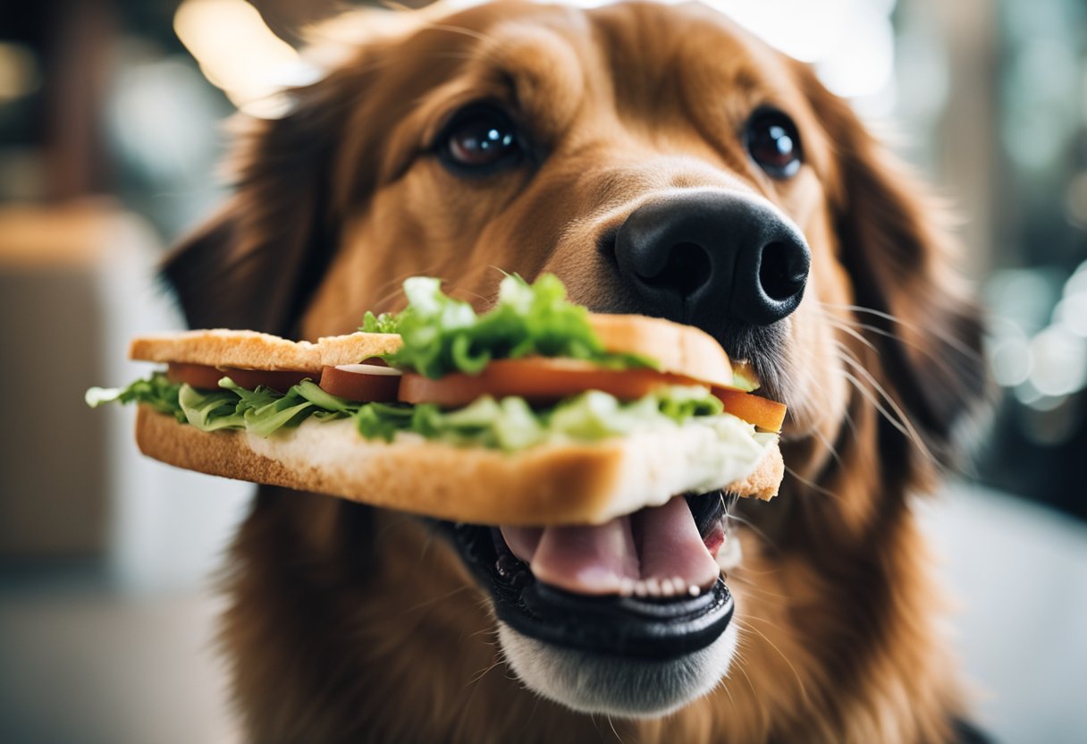 A happy dog eagerly eating a Jimmy John's sandwich with a wagging tail and a content expression